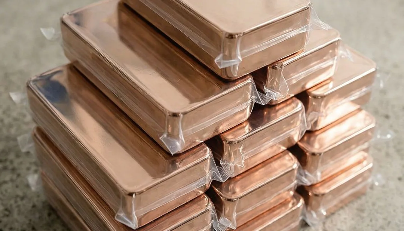 A stack of sealed copper bars on a concrete floor