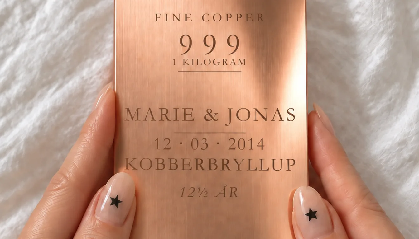 1 kg copper bar engraved with two names, a wedding date and the Scandinavian "Kobberbryllup 12½ år"