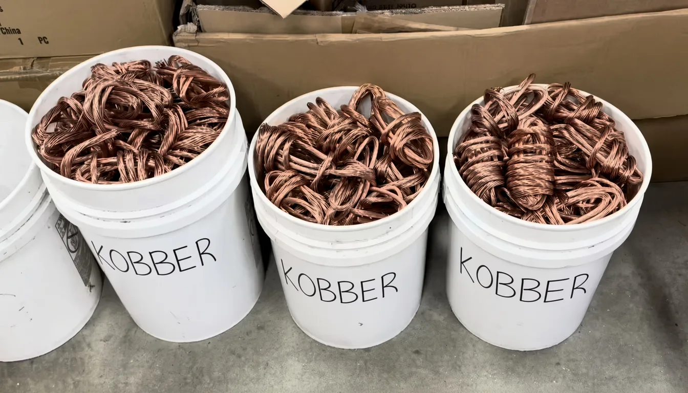 Three white buckets marked KOBBER, filled with bright stripped copper wire