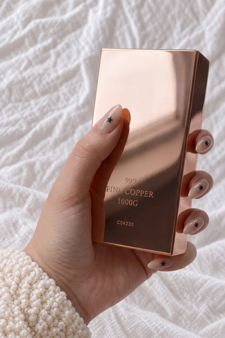 A mirror-polished one-kilo copper bar.