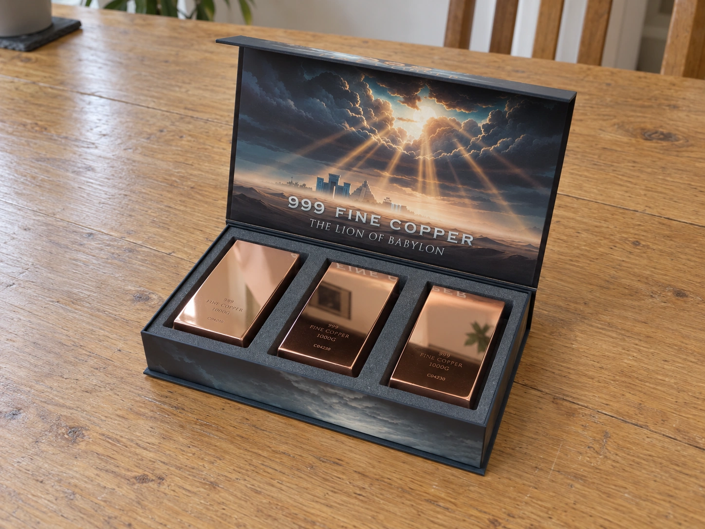An open collection box with three mirror-polished copper bars on an oak table.