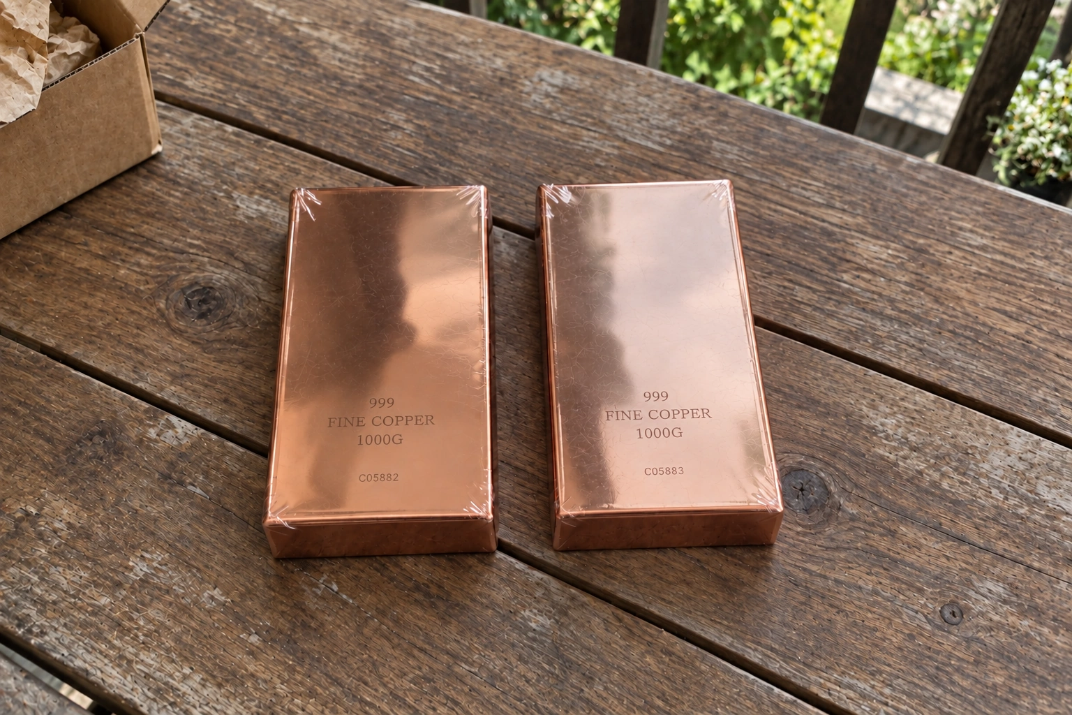 Two mirror-polished copper bars on a wooden terrace table
